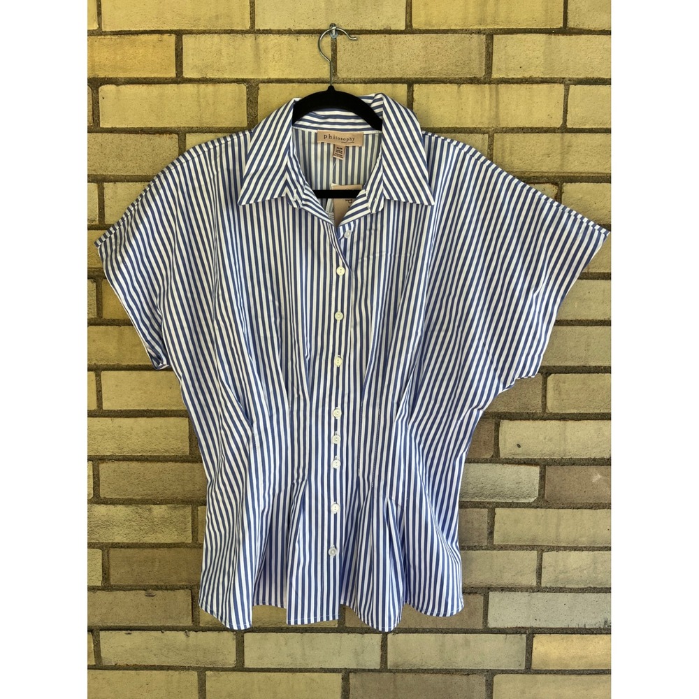 Philosophy Indigo Blue Striped Pleated Button Down Shirt Size Medium NWT $68